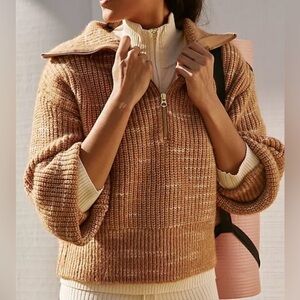 Varley Ridley Dalmatian 1/2 Zip Knit Wool Blend Sweater XL Golden Bronze/Egret